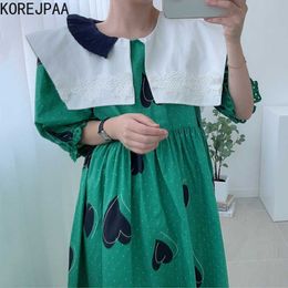 Korejpaa Women Dress Summer Retro Lace Crochet Large Lapel Contrast Colour Stitching Loose Love Printed Puff Sleeve Vestidos 210526