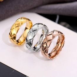 Cluster Rings Stainless Steel Rhombus Grid Ring Pattern X Coco Wavy Geometric Couple Jewellery Men Woman Rose Gold Silver Colour Size 5-10