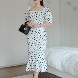 OL Summer Dot Dress Women Plus Size Elegant Square Collar Package Hip High Waist Sexy Party Fishtail Dresses 210421