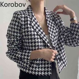 Korobov New Chic Turn-Down Collar Women Coats Vintage Plaid Long Sleeve Double Breasted Jackets Autumn Outwear Tops 210430