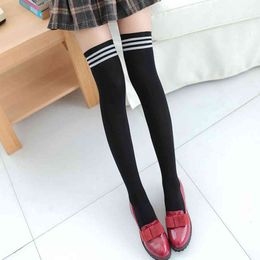 Girls Women's Stockings 1 Pair Of Sexy Thighs High Over Knee High Socks Black White Striped Cotton Stockings Calcitenes Mujer Y1119