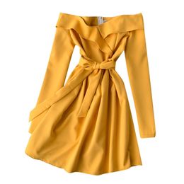 Women's Shirt Dress French Sexy Slash Neck Sashes Waist Ladies Temperament Office Lady Solid A-Line Above Knee ML442 210506