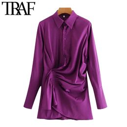 TRAF Women Chic Fashion Pleated Wrap Cosy Mini Dress Vintage Long Sleeve Button-up Female Dresses Vestidos Mujer 210415