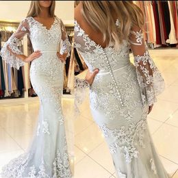 2021 Silver Long Juliet Sleeves Mermaid Wedding Dresses Ribbon Lace Applique Covered Button Sweep Train Formal Bridal Gowns Wear Custom Made Dress