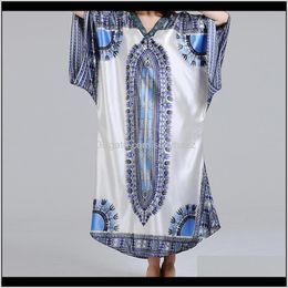 Ethnic Apparel Drop Delivery 2021 Dresses Women African Clothing Bohe Style V-Neck Loose Pullover Blue Pattern Printed For Daily Casual Dress