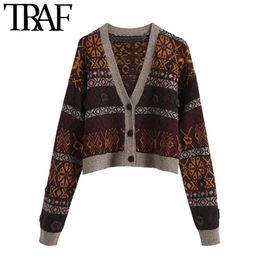 TRAF Women Fashion Jacquard Cropped Knitted Cardigan Sweater Vintage V Neck Long Sleeve Female Outerwear Chic Tops 210415