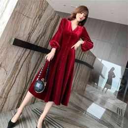 Bridal wine red long sleeve velvet dress Office Lady Polyester Sheath Solid Full Knee-Length 210416