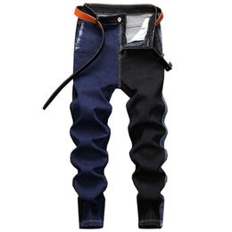 Two-color Stitching Design Skinny Jeans Men Elasticity Fashion Streetwear Hip Hop Casual Denim Male Trousers Brand Clothing X0621