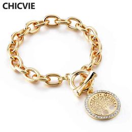 Chicvie Fashion Gold Colour Round Shape Charm Tree of Life Bracelets&bangles Designs for Women Bracelets Sbr180157