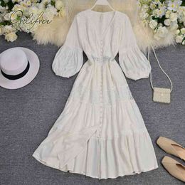 Summer Women Embroidery Maxi Sleeve White Lace Long Tunic Beach Dress 210415