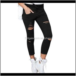 Womens Clothing Apparel Drop Delivery 2021 Women Ripped High Waist Stretch Leggings Slim Pencil Trousers Summer Autumn Long Pants Solid Color