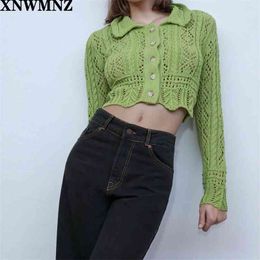 Autumn green Sexy Hollow Knit Jacket Coat Women Korean Chic Button Solid Casual Short Sweater Cardigan Female Tops 210520
