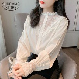 Lace Shirt Chic Woman Shirts Chiffon Blouse Women Autumn Loose Korean Tops Long Sleeve Solid Apricot Office Cardigan 10900 210527