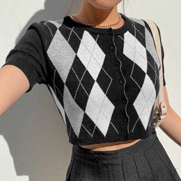 HEYounGIRL Argyle Crop Top Knitted Cardigan Tshirt Women Preppy Style Korean Short Sleeve Plaid T Shirt Ladies Y2K 90s Knitwear Y0629