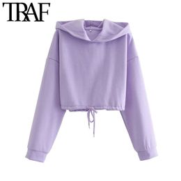 TRAF Women Fashion Drawstring Tied Loose Cropped Hoodies Vintage Long Sleeve Hooded Female Pullovers Chic Tops 210415