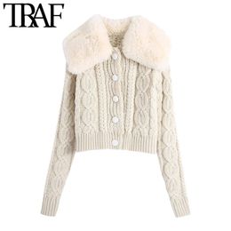 TRAF Women Fashion With Faux Fur Cropped Knitted Cardigan Sweater Vintage Long Sleeve Buttons Female Outerwear Chic Top 210415