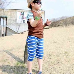 2-7 ages High quality 100% cotton summer children clothes striped cartoon cute kid baby boy clothing set 210615