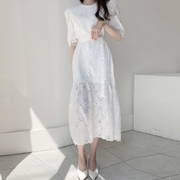 Fashion Summer Women's Casual Short Sleeve Vintage Tie Up Hollow Out Lace Long Dresses Vestidos 210520