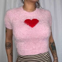 Pink Sweet Heart Print Knit Furry Y2k Femme Women's T-Shirts Clothing Summer Crop Top Harajuku Short Sleeve White Tee Shirt 210415