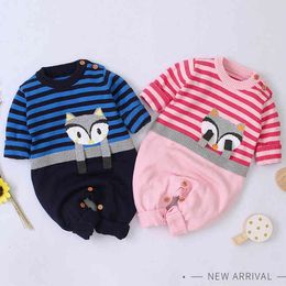 Autumn Winter Baby Boys Girls Cartoon Fox Rompers Clothes Stripe Infant Boy Girl Kids Knitting Long Sleeve 210429