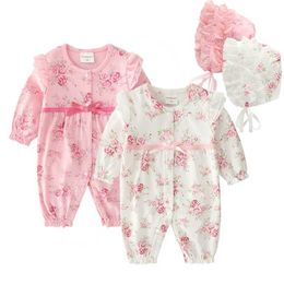 Floral Ribbon born Baby Girl Clothes Ruffles Long Sleeve Princess Jumpsuit Spring Infant Girls Bodysuit+ Hats 211229