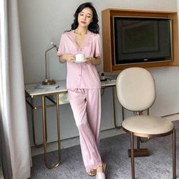 Summer Pajamas Set Women Satin Lounge Wear Sleepwear Casual Shirt&Pants Intimate Lingerie Soft Pyjamas Home Clothes Q0706