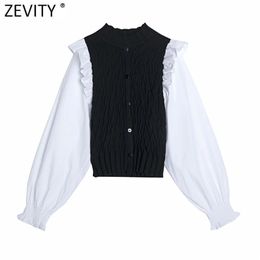 Women Vintage Puff Sleeve Patchwork Short Slim Knitting Shirt Femme Ruffles Elastic Kimono Blouse Roupas Chic Tops LS9069 210416