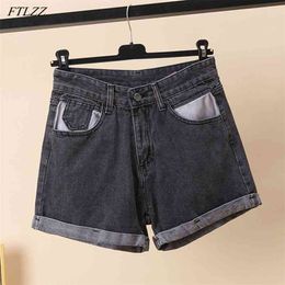 Spring Summer Women Loose Fit Blue Denim Shorts High Waist Casual Female Width Leg Dark Grey Jeans 210430