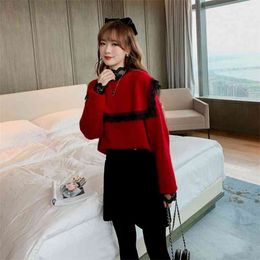 Spring And Autumn Loose Korean Sweet Age-reducing Sweater Women Fashion Wild Lace Stitching 210427