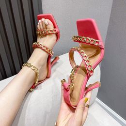 Summer Women Sandals Big Gold Chain Designer High Heels Ladies Square Toe Party Female Shoes Size 35-41 Dress