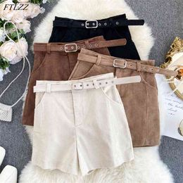 Spring Summer Women Vintage High Waist Corduroy Solid Color Shorts With Belt Casual Female Wide Leg Balck 210430