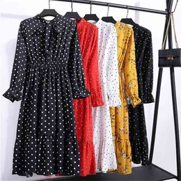 women's casual autumn dress women's antique Floral Print Chiffon shirt dress long sleeve bow flower Bohemian Club winter OK 210806