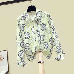 Autumn Fashion Women's Turn Down Collar Long Sleevese Lemon Print Shirt Tops Ladies Blouses OL Shirts A3814 210428
