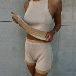 Comfy Knitted Lounge Wear Two Piece Set Women Summer Outfits Tank Top and Shorts Matching Sets 2021 X0428