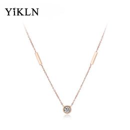 YiKLN Trendy Geometric Cuboid Choker Necklace For Women Rose Gold Stainless Steel CZ Crystal Wedding Pendant YN18057 Chokers