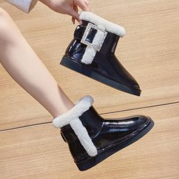 designer Boots Snow Women's Winter 2021 Square Buckle Thick Fur Integrated Shoes Patent Leather Plus Velvet Warm Waterproof Short Cot