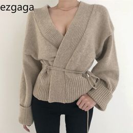 Ezgaga Lace Up Sweater Women Korean Chic V-Neck Slim Waist Long Sleeve Knitted Cardigan Solid Loose Elegant Office Lady Tops 210430
