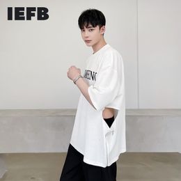 IEFB Men's Summer Side Hollow Out Waist Oversized White T-shirt Loose Short Sleeve Letter Print Round Collar Tee Tops 9Y7002 210524