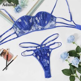 Sexy Set Sexy Womens Mesh Flower Embroidered Underwear Set Thin See-through wire Bra Thong Sexy Lingerie Set L2304