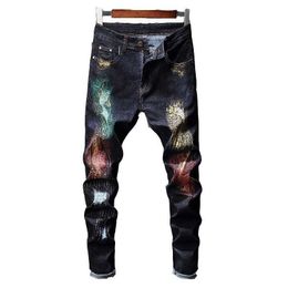 New Design Streetwear Printed Jeans Men Punk Pants Skinny Jeans Men X0621