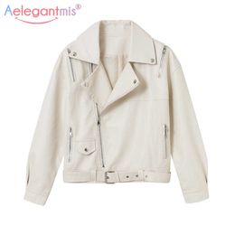 Aelegantmis Cropped Faux Leather Jacket Women with Belt Korean Loose Vintage Black Motorcycle PU Casual Outwear 3 Colours 210607