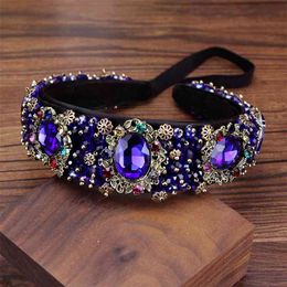 Vintage Baroque Luxury Royal Blue Crystal Bride Tiara Headband Handmade Hairband For Women Girls Wedding Hair Jewellery 210707