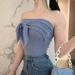 WOMENGAGA Bowknot Off Shoulder Waistcoat Women's Summer Breast Wrapped Bra Knitted Thin Sexy Top Tank Korean Girl female QT8F 210603