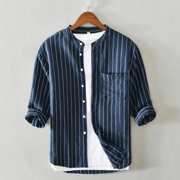 Men's Casual Shirts Retro Striped Three Quarter Sleeve Linen Shirt Men's Solid Colour Cotton Chic Style Clothes M-XXXLMen's