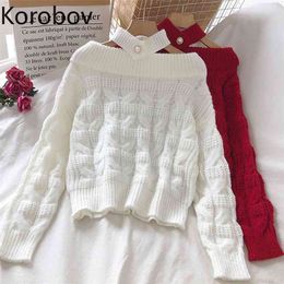 Korobov Autumn Winter Vintage Sexy Slash Neck Women Off Shoulder Sweaters Korean Long Sleeve Halter Sueter Mujer Solid Knitwear 210430