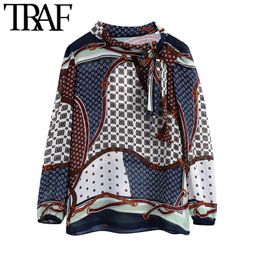 TRAF Women Fashion With Bow Chains Print Loose Blouses Vintage High Neck Long Sleeve Female Shirts Blusas Chic Tops 210415