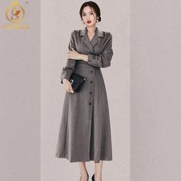 Autumn And Winter Vintage Belt Long Dresses Women Elegant Office Ladies Blazer Full Sleeve Female Party Vestidos 210520