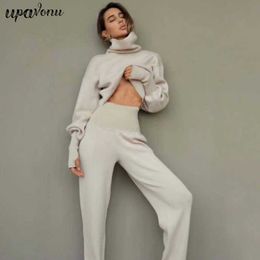 2021 Autumn New Women's Turtleneck Knitted Sweater Set Elegant Long Sleeve Pullover & Elastic Pants 2-piece Casual Women's Suit Y0625