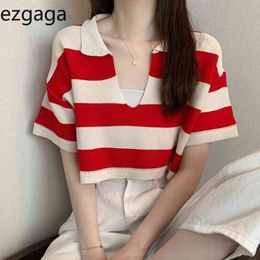 Ezgaga Casual Striped Crop Tops Women T Shirts Spring Summer Short Sleeve Korean Fashion Loose All-Match Female Tshirts Sexy 210430