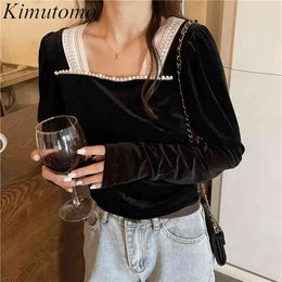 Kimutomo Women Patchwork Velvet Blouses French Style Elegant Fashion Female Square Collar Long Sleeve Short Tops Casual 210521